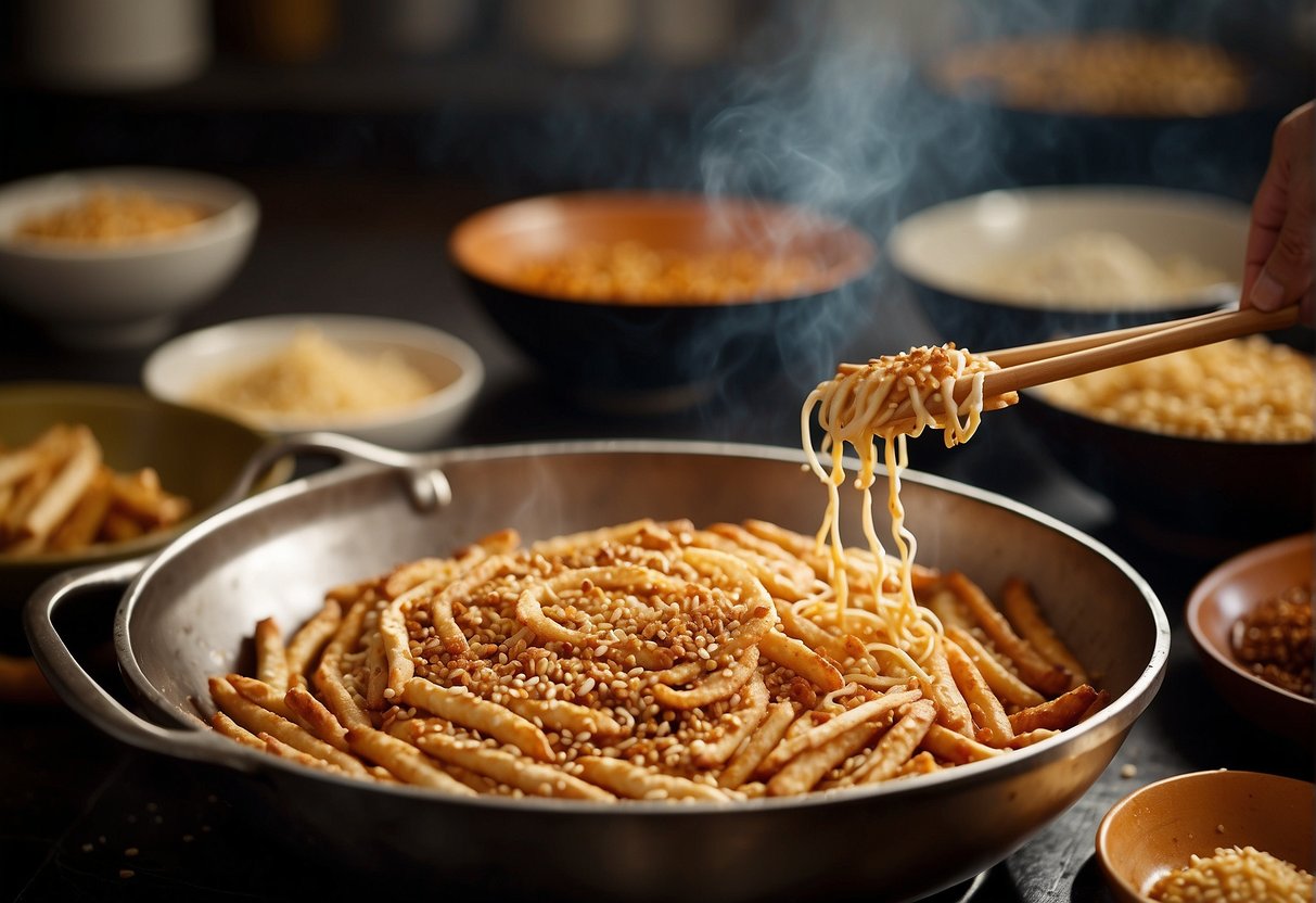 A wok sizzles as dough is stretched and twisted into long breadsticks, then fried to a golden crisp. Aromatic sesame seeds and spices are sprinkled on top, symbolizing the rich history and cultural significance of the Chinese fried breadstick