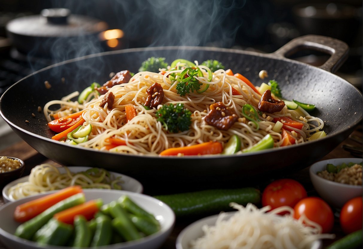 A wok sizzles with rice noodles, bean sprouts, and vegetables being stir-fried in a fragrant blend of soy sauce and spices