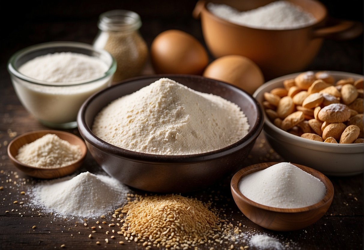 A table with ingredients: flour, yeast, salt, water. Nearby, options for substitutions: baking powder, milk, gluten-free flour