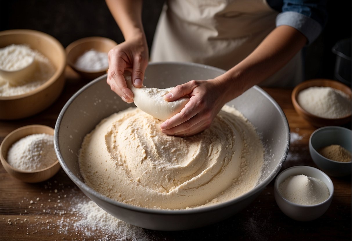 A pair of hands kneading dough in a large mixing bowl, surrounded by ingredients like flour, water, and yeast. A rolling pin and cutting board are nearby