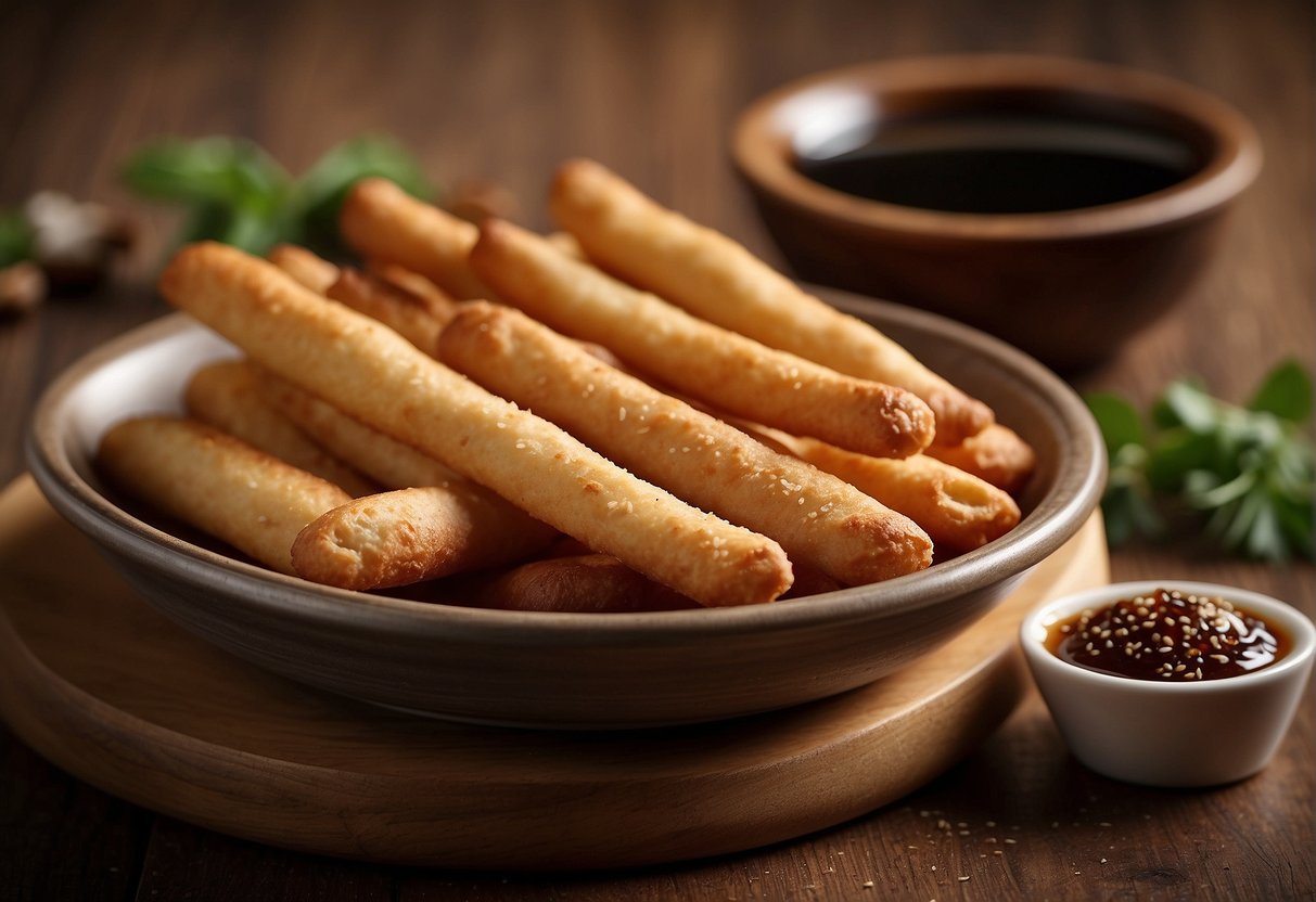 A plate of golden brown Chinese fried breadsticks sits on a wooden serving board next to a small bowl of soy sauce. Airtight containers hold additional breadsticks for storage