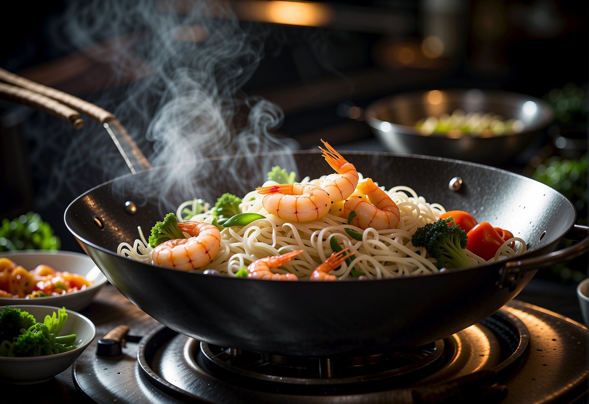 A wok sizzles with rice noodles, shrimp, and vegetables. Steam rises as the chef tosses the ingredients with precision