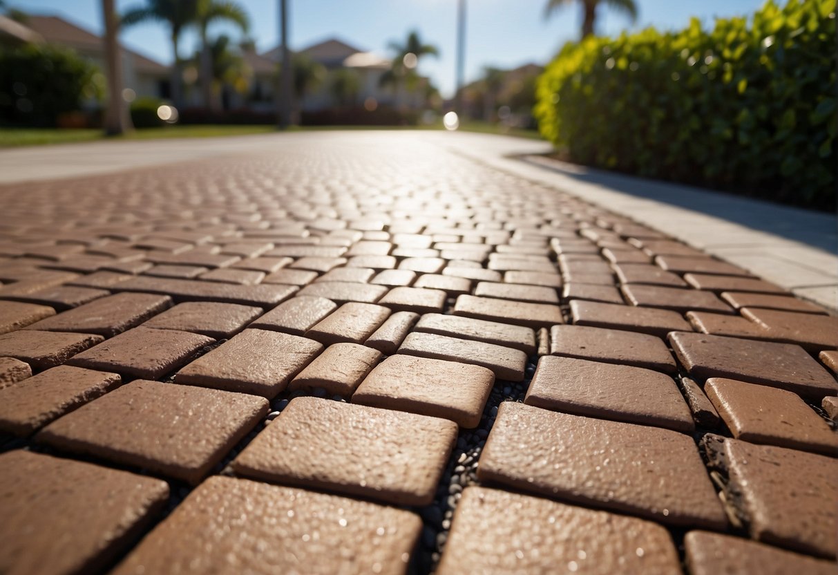 A sunny day in Fort Myers, with brick pavers lining a walkway. The heat and humidity of the climate are evident, but the pavers remain strong and durable