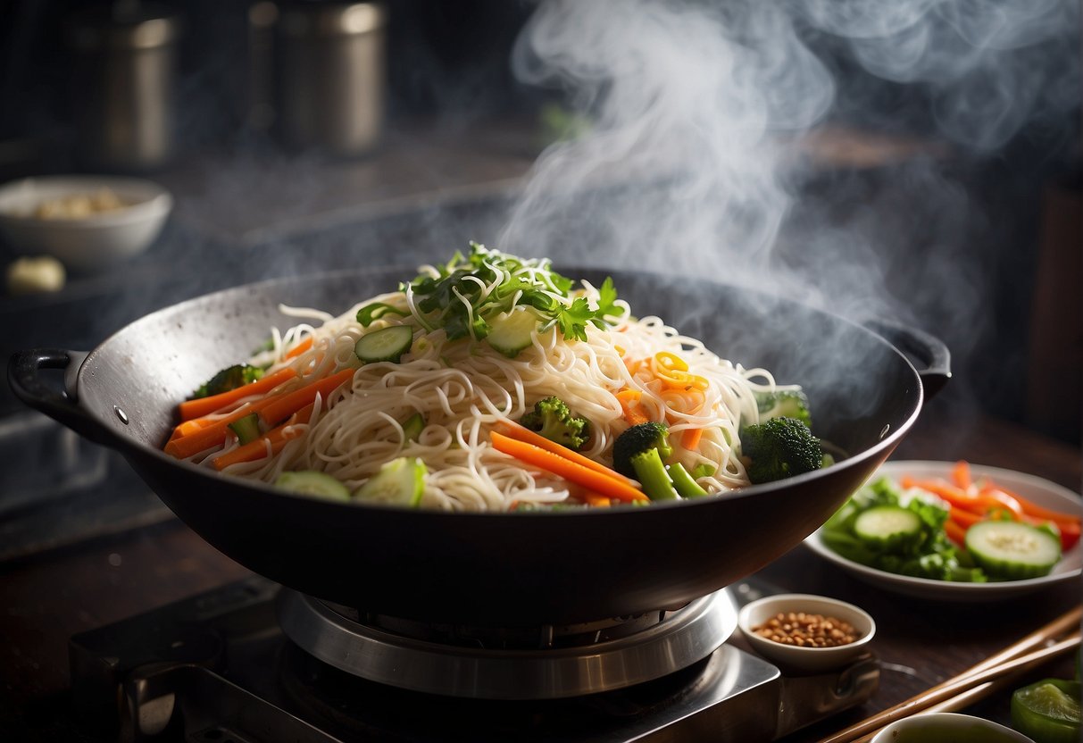 A steaming wok sizzles with fragrant bee hoon noodles, tossed with vibrant vegetables and aromatic Chinese seasonings