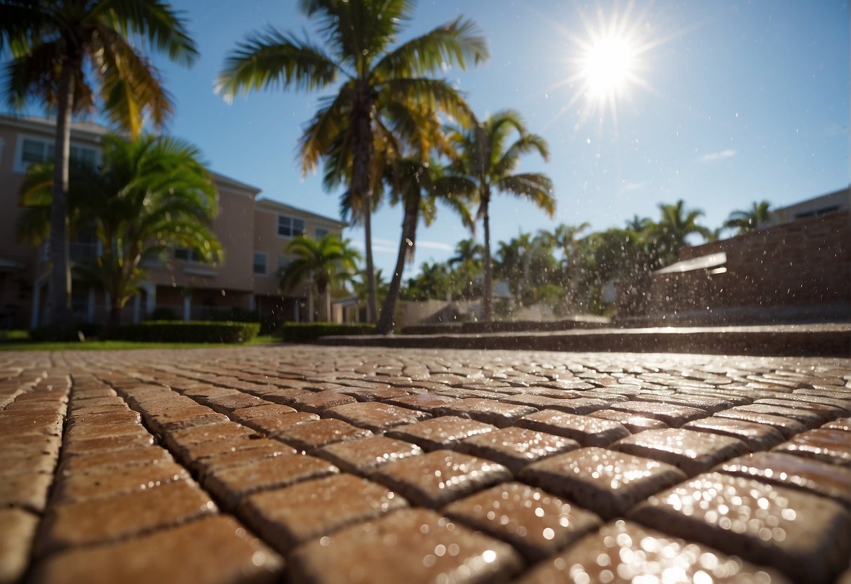 A sunny day in Fort Myers, with brick pavers enduring heavy rain and extreme heat, showcasing climate resilience