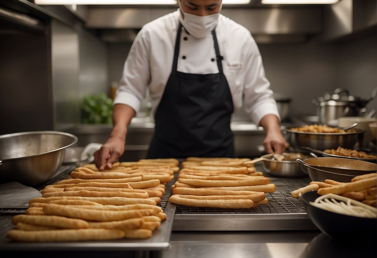 A chef prepares Chinese fried breadsticks in a bustling kitchen, surrounded by ingredients and cooking utensils
