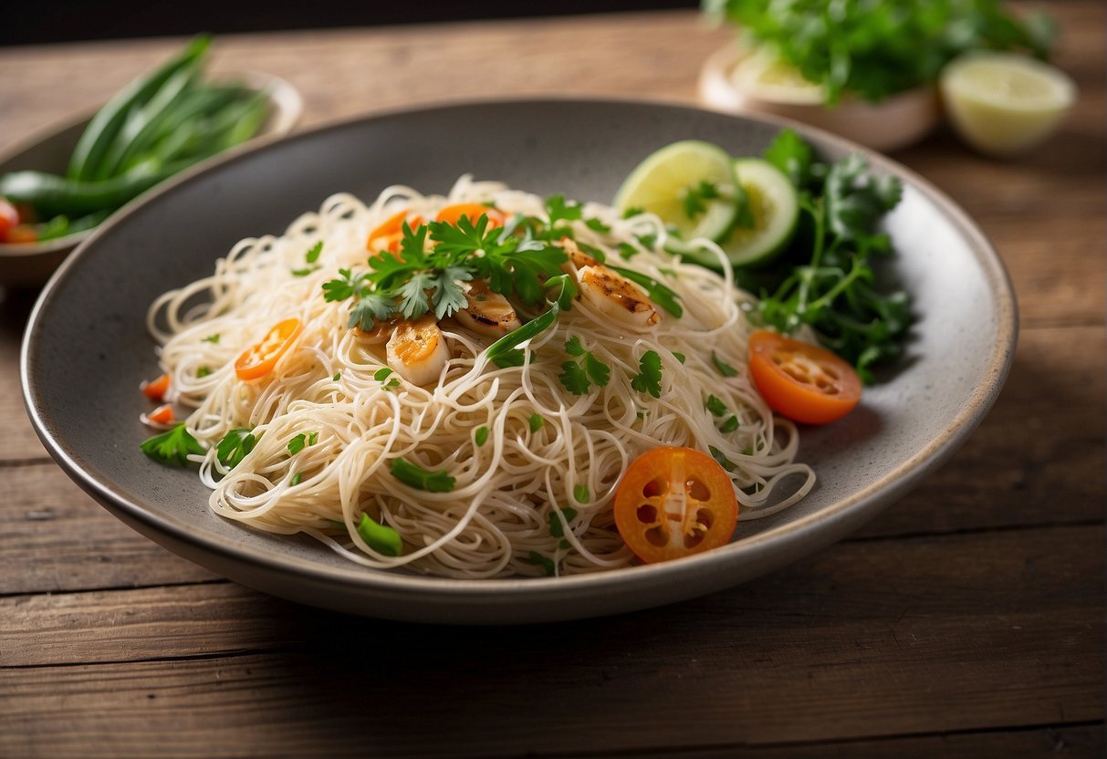 A plate of Chinese fried bee hoon, garnished with fresh herbs and sliced vegetables, served on a wooden table