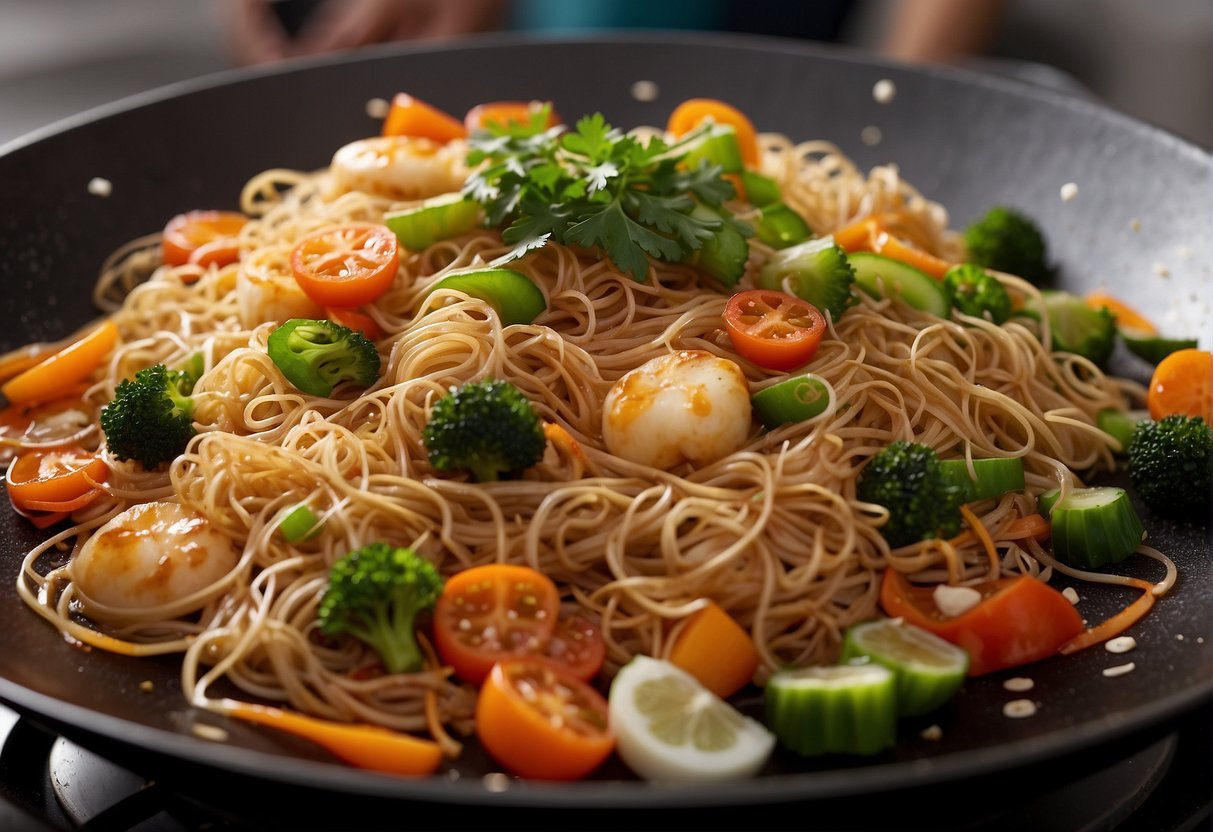 A wok sizzles with stir-fried bee hoon, mixed with Chinese spices and vegetables. Steam rises as the dish is plated for serving