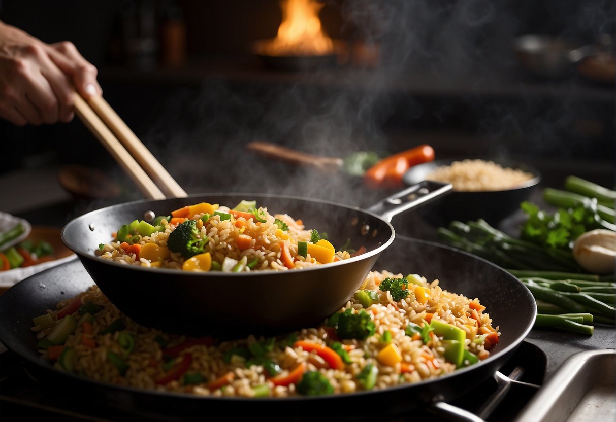 A wok sizzles with stir-fried brown rice, mixed with eggs, vegetables, and savory soy sauce. Steam rises as the chef tosses the ingredients, creating a flavorful Chinese fried rice dish
