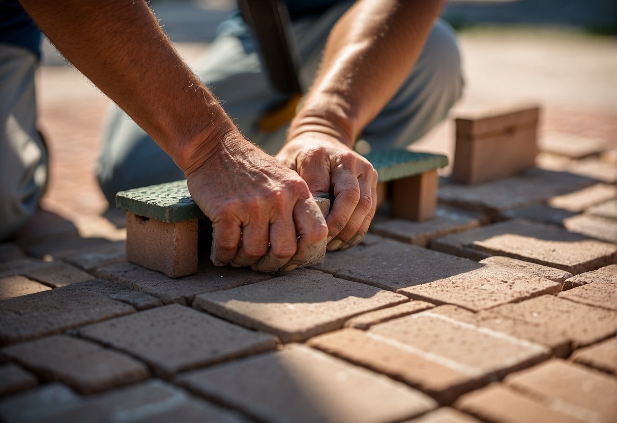 A skilled craftsman lays brick pavers in the scorching Fort Myers sun, showcasing the durability of the material in the challenging climate