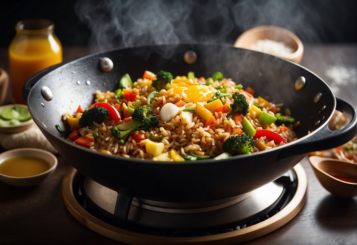 A wok sizzles with stir-fried brown rice, mixed with colorful vegetables, eggs, and savory soy sauce. The aroma of garlic and ginger fills the air