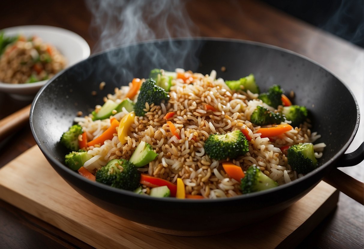 A wok sizzles with stir-fried rice, surrounded by chopsticks, soy sauce, and various chopped vegetables and meats