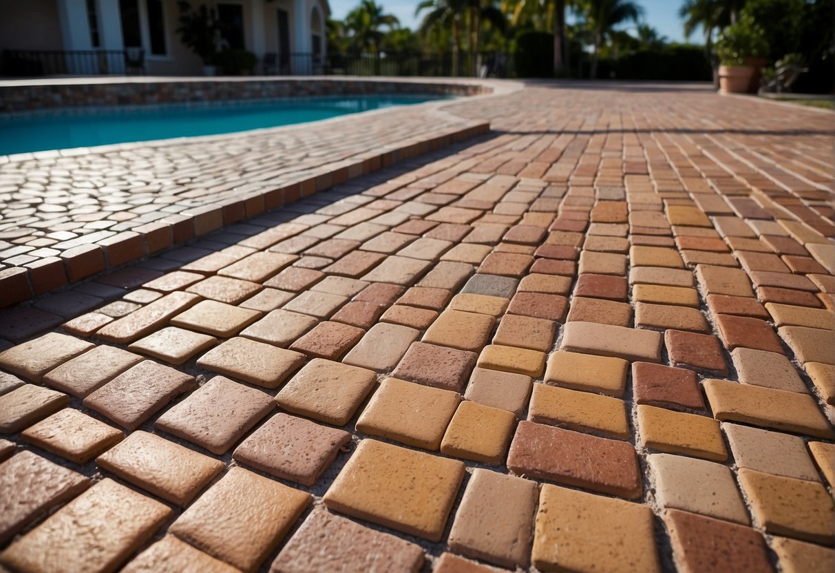 A sunny day in Fort Myers. Brick pavers line a walkway, enduring the hot climate. Various paver types are showcased in a durable display