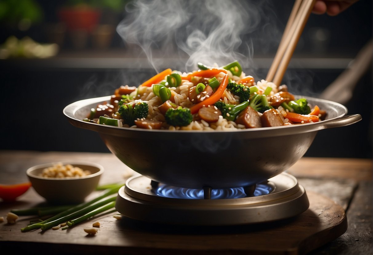 A wok sizzles as diced vegetables and cooked rice are tossed together with soy sauce and sesame oil. Steam rises as the fragrant dish is garnished with green onions and served