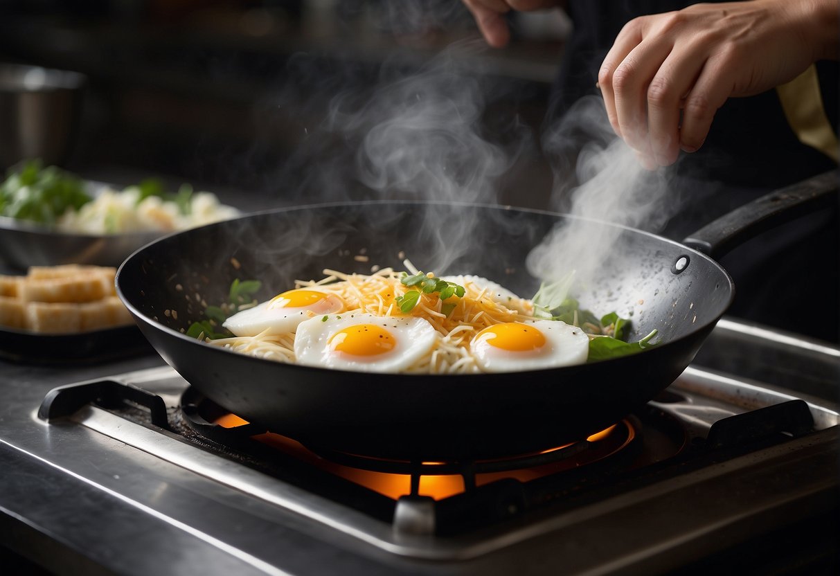A wok sizzles with grated radish, eggs, and soy sauce, creating a fragrant cloud of steam. The chef expertly flips the mixture, browning it to perfection