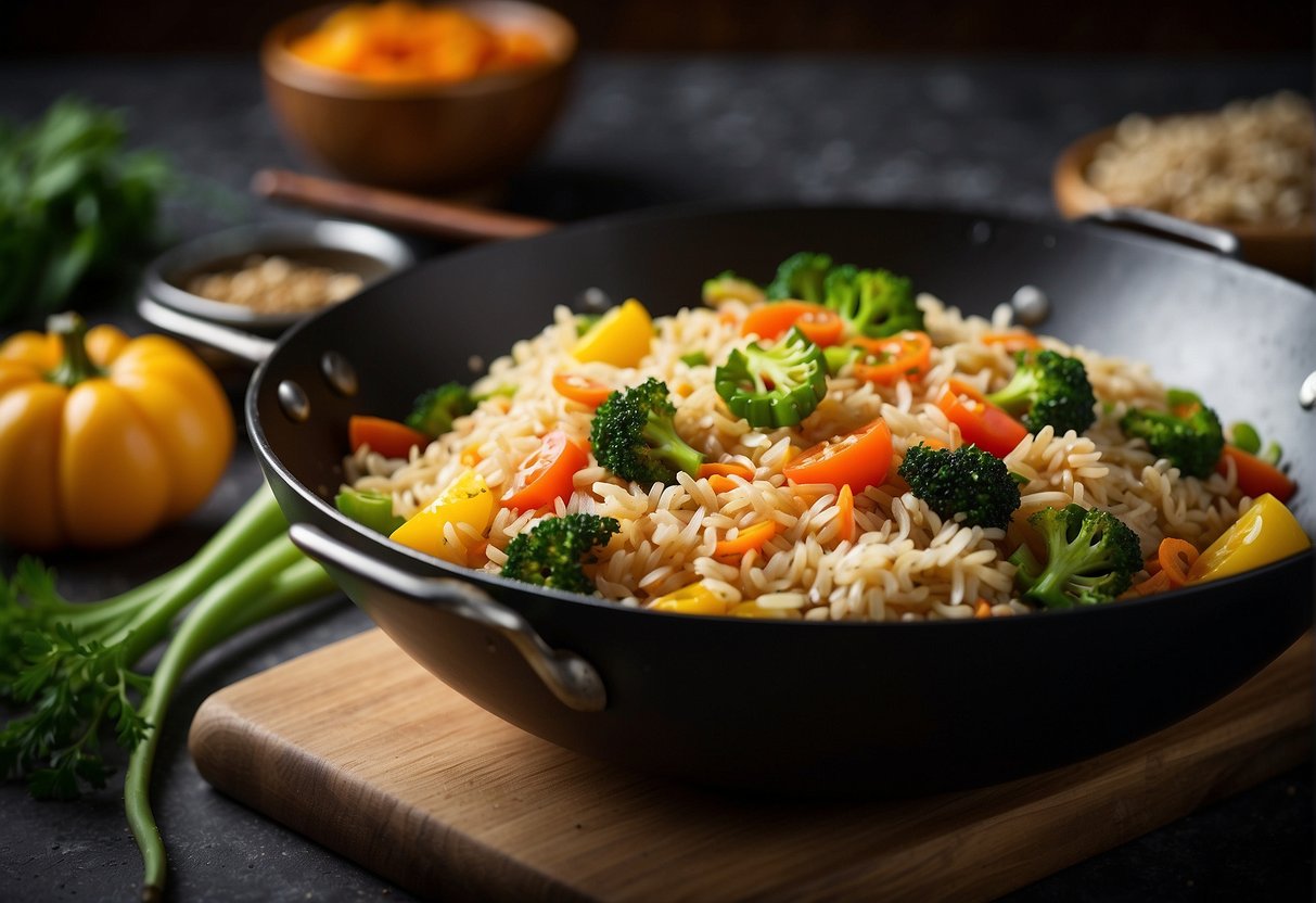 A wok sizzles as brown rice, mixed with colorful vegetables and lean protein, is stir-fried with aromatic seasonings like ginger and garlic