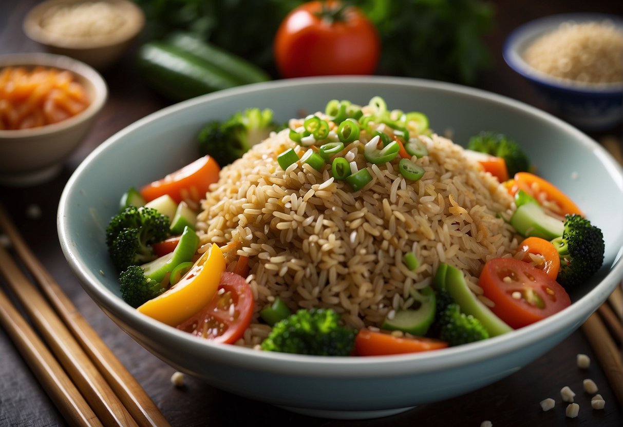 A steaming wok of Chinese fried brown rice surrounded by colorful vegetables and garnished with sesame seeds and green onions