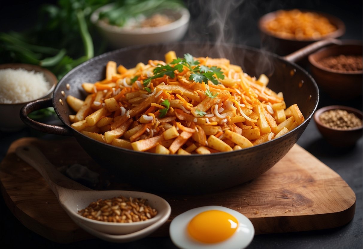 A sizzling wok fries grated radish, eggs, and seasoning, creating the iconic Chinese fried carrot cake. Surrounding it are traditional Chinese cooking utensils and ingredients, reflecting its cultural significance