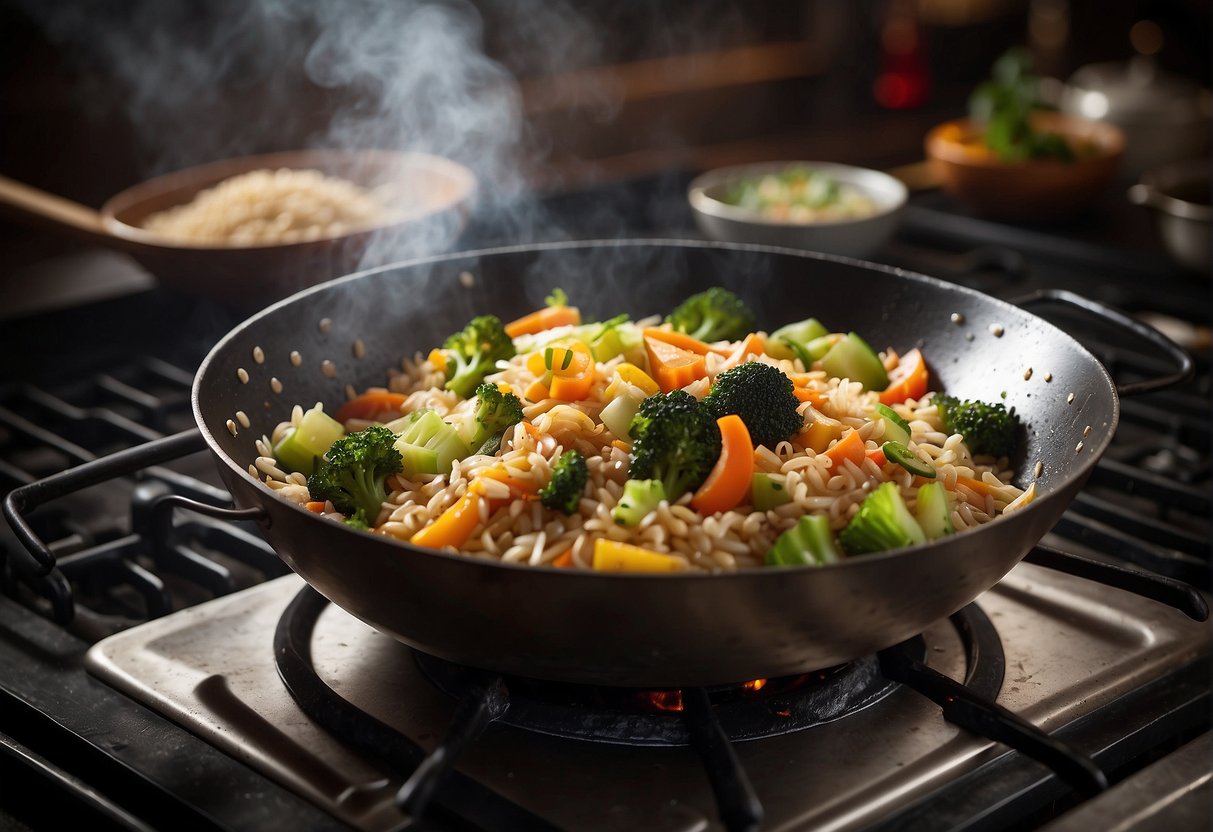 A wok sizzles as ingredients are tossed in. Steam rises from the fragrant Chinese fried brown rice. A colorful array of vegetables and savory aromas fill the air