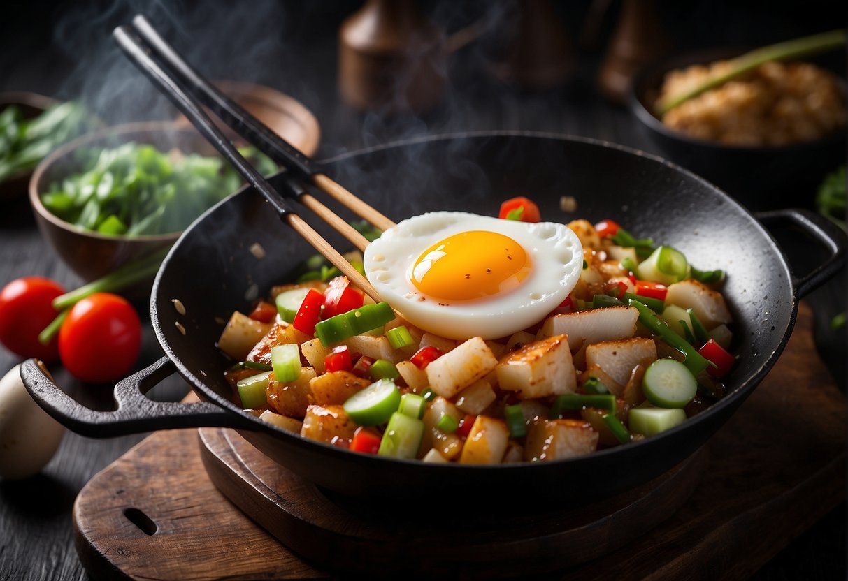 A sizzling wok with diced radish, eggs, and seasoning, surrounded by soy sauce, chili, and spring onions