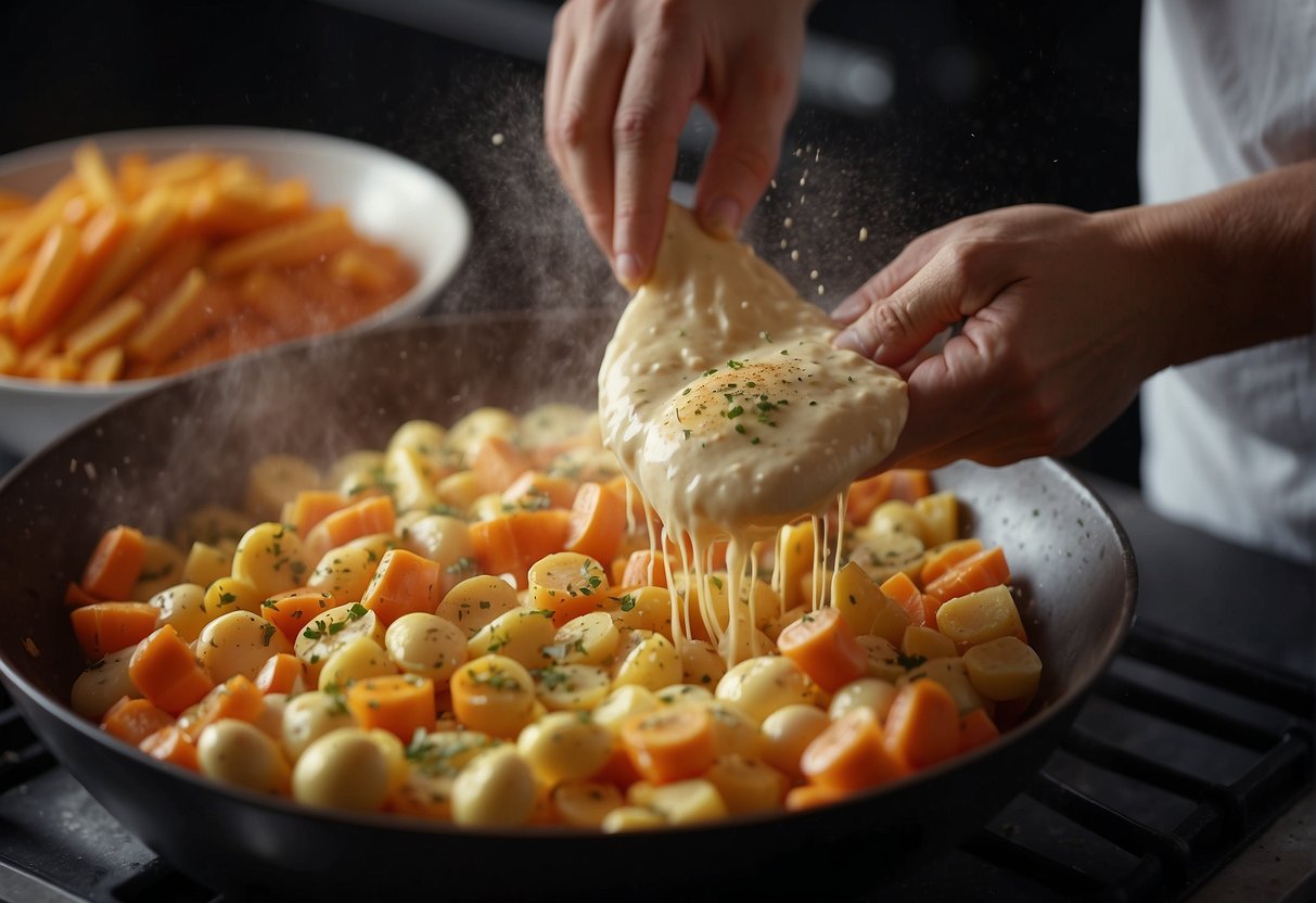 A chef grates carrots and mixes with flour, eggs, and seasoning in a bowl. Then, pours the mixture into a hot oiled pan and fries until golden brown