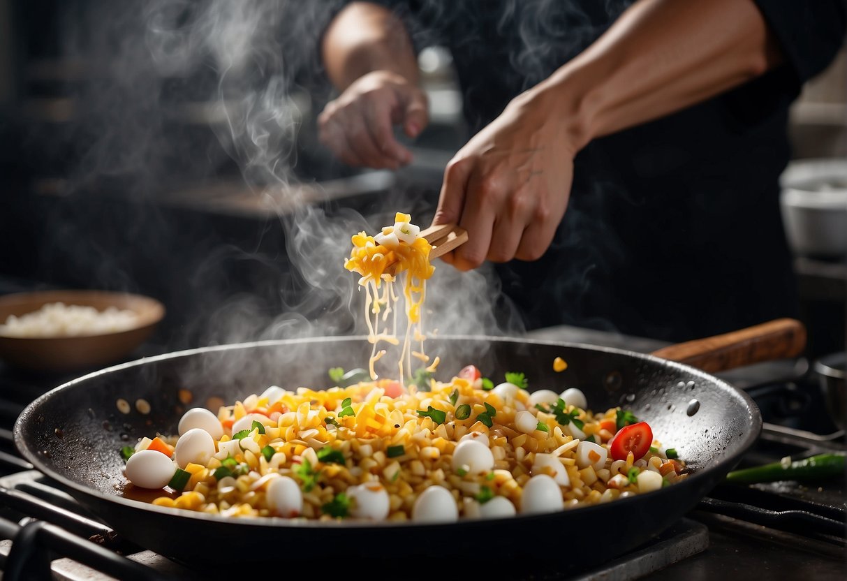 A wok sizzles with diced radish, eggs, and soy sauce. Garlic and chili add aroma to the air, as the chef tosses the ingredients together