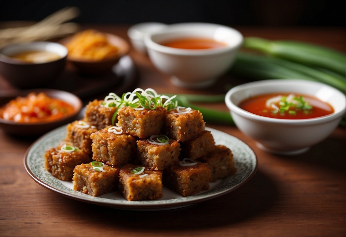 A plate of Chinese fried carrot cake is garnished with fresh spring onions and served with a side of spicy chili sauce