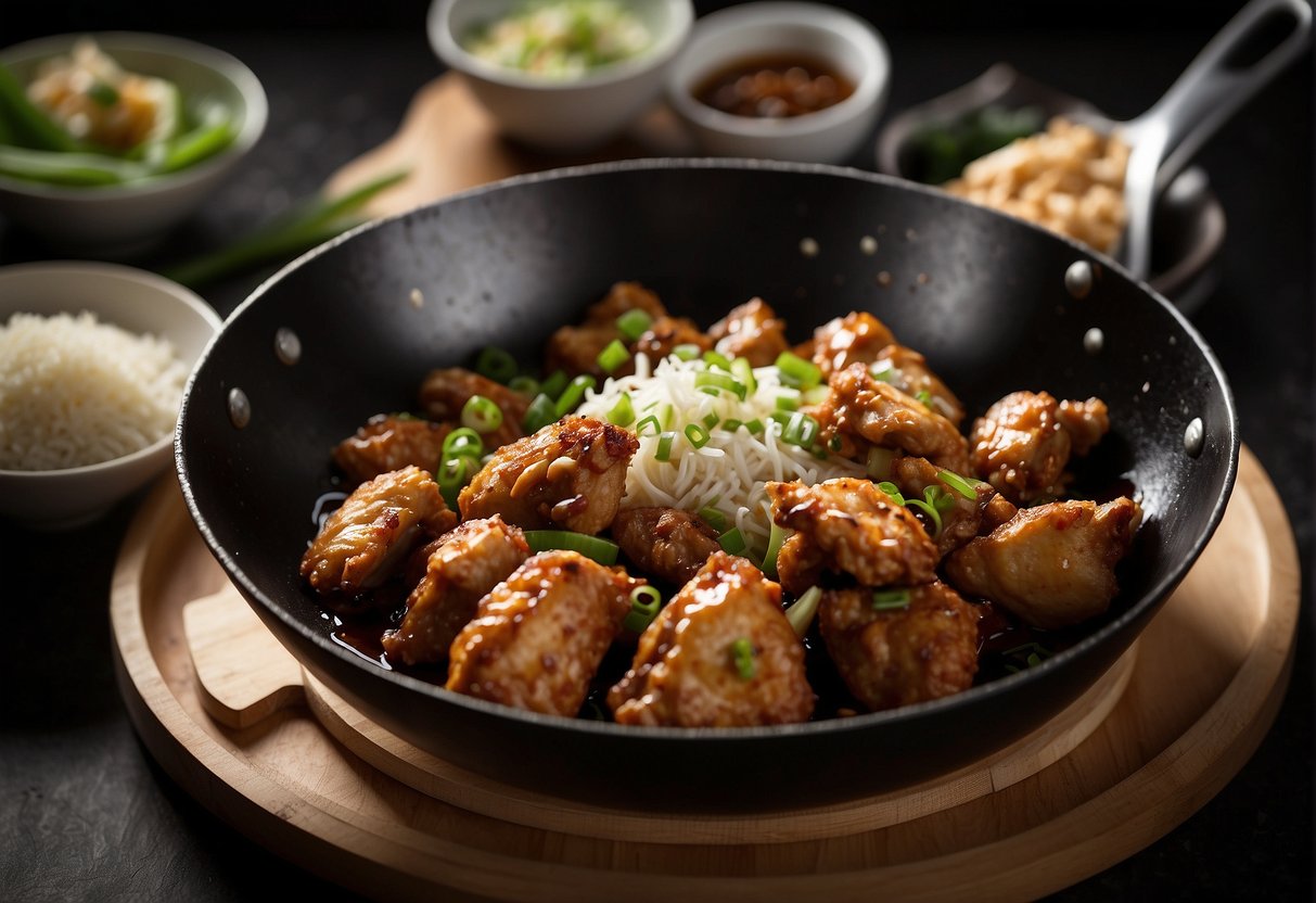 A wok sizzling with crispy fried chicken pieces, surrounded by soy sauce, garlic, ginger, and green onions. A bowl of cornstarch and a plate of marinated chicken sit nearby