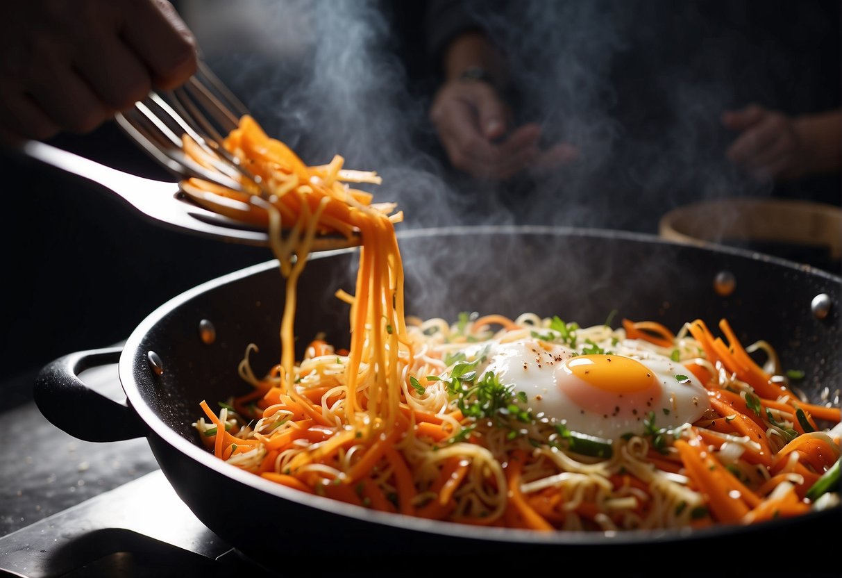 A chef stir-fries shredded carrots, radish, and eggs in a sizzling wok, adding soy sauce and seasoning. The aroma of the savory dish fills the air