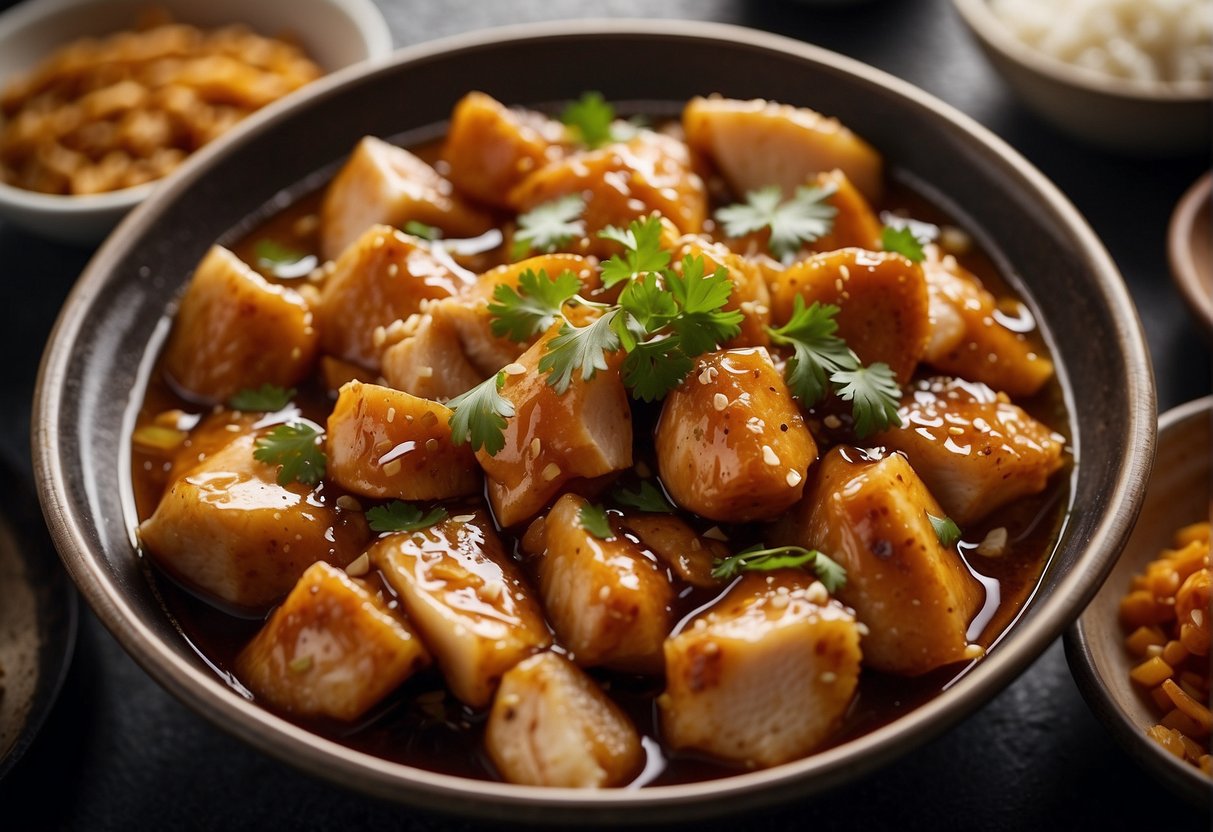Chicken pieces soaking in a mixture of soy sauce, garlic, ginger, and other seasonings in a large bowl