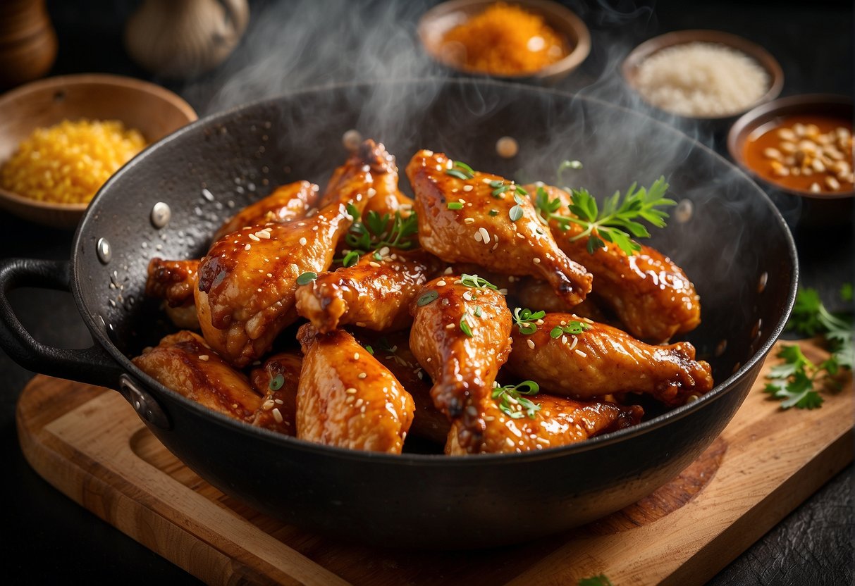 Golden brown chicken wings sizzling in a wok with a mixture of soy sauce, garlic, ginger, and spices