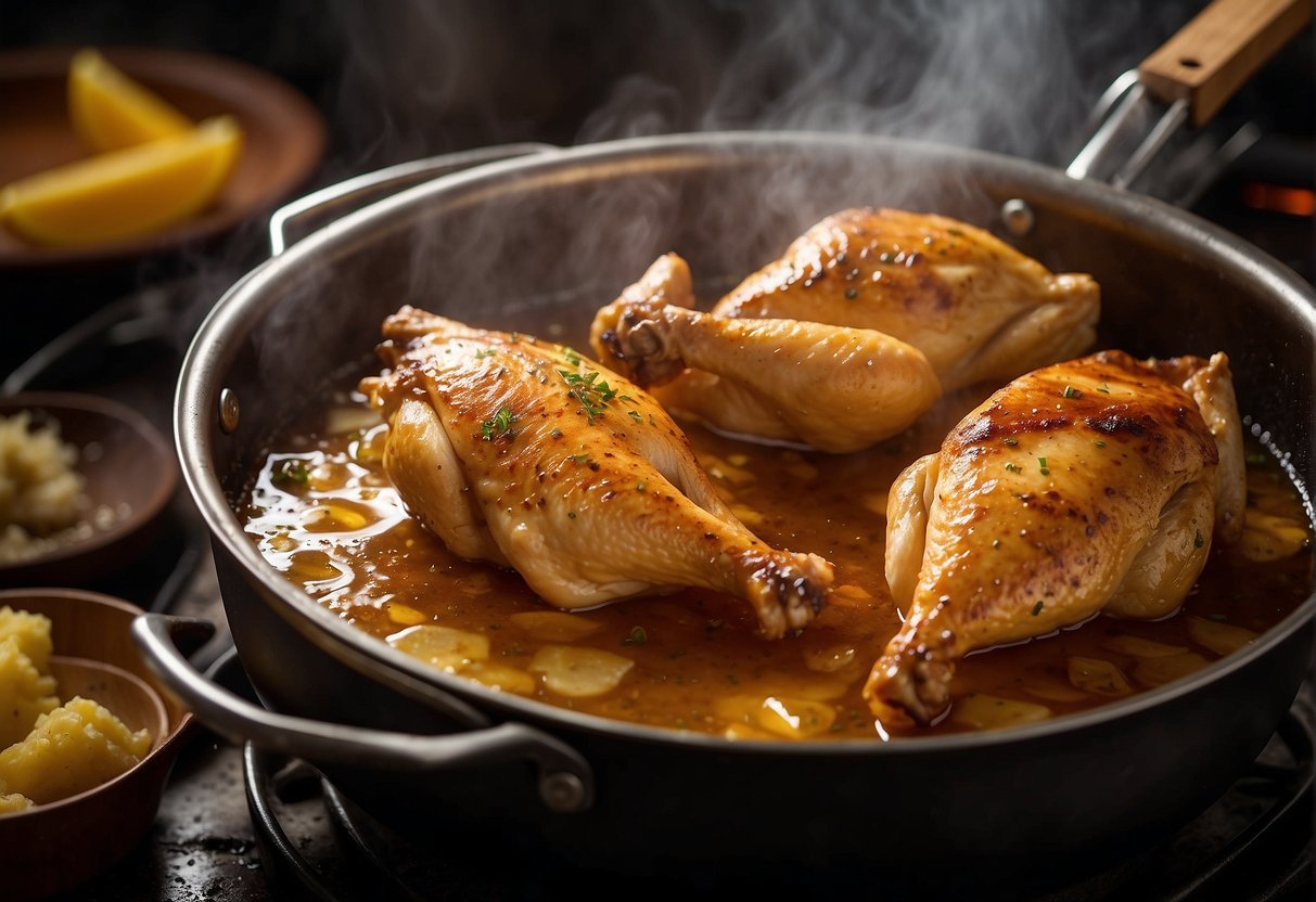 Chicken pieces sizzle in hot oil, turning golden brown. Steam rises as the cook carefully flips them with tongs