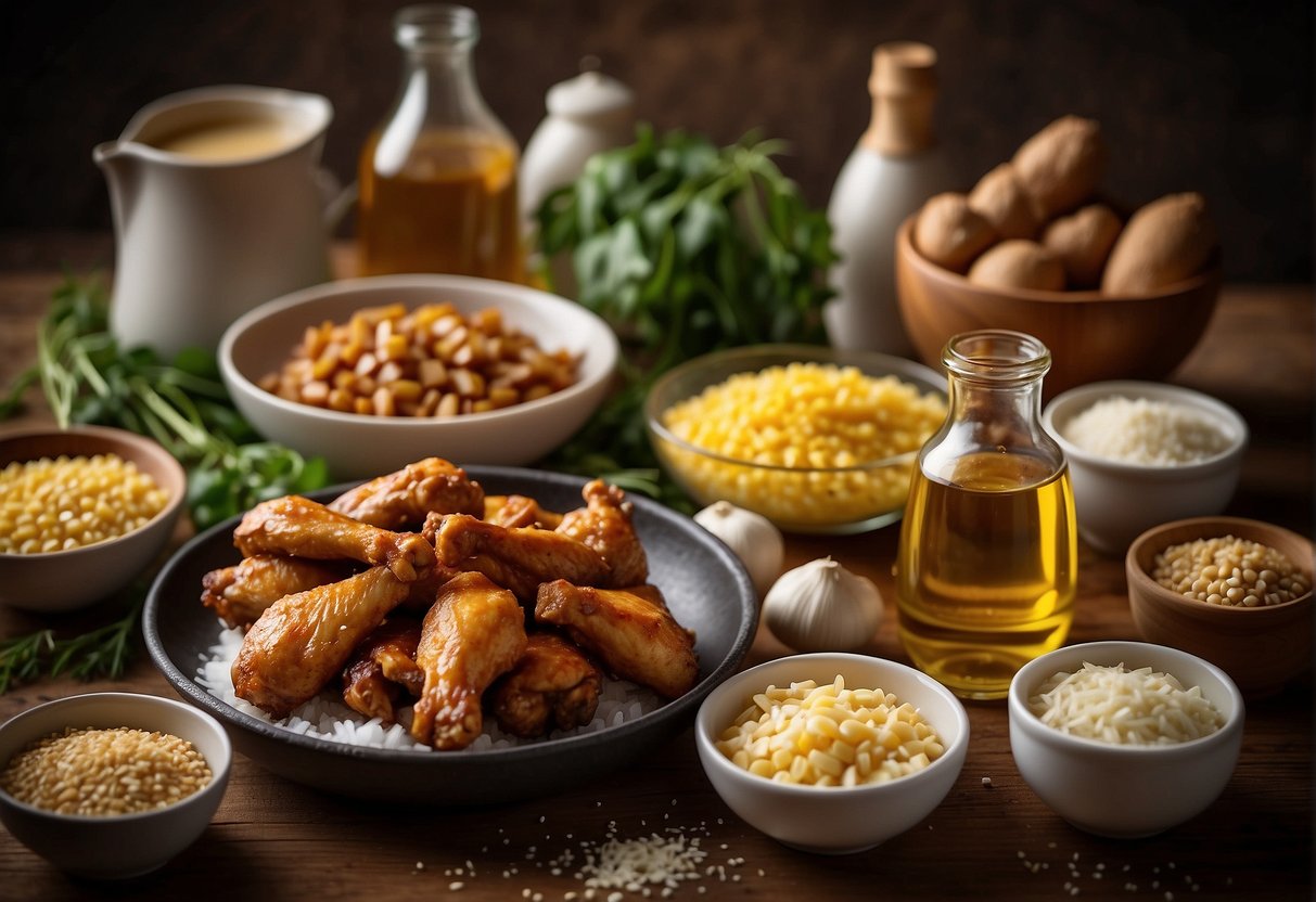 A table with various ingredients: chicken wings, soy sauce, garlic, ginger, cornstarch, and cooking oil. Bowls and utensils are scattered around