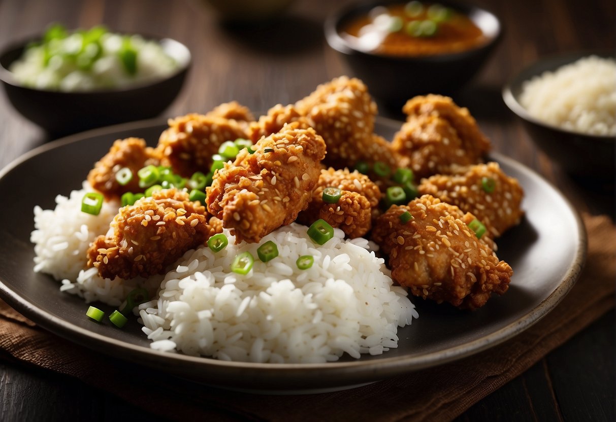 A plate of golden, crispy Chinese fried chicken garnished with fresh green onions and sesame seeds, accompanied by a side of steamed rice and a small dish of savory dipping sauce