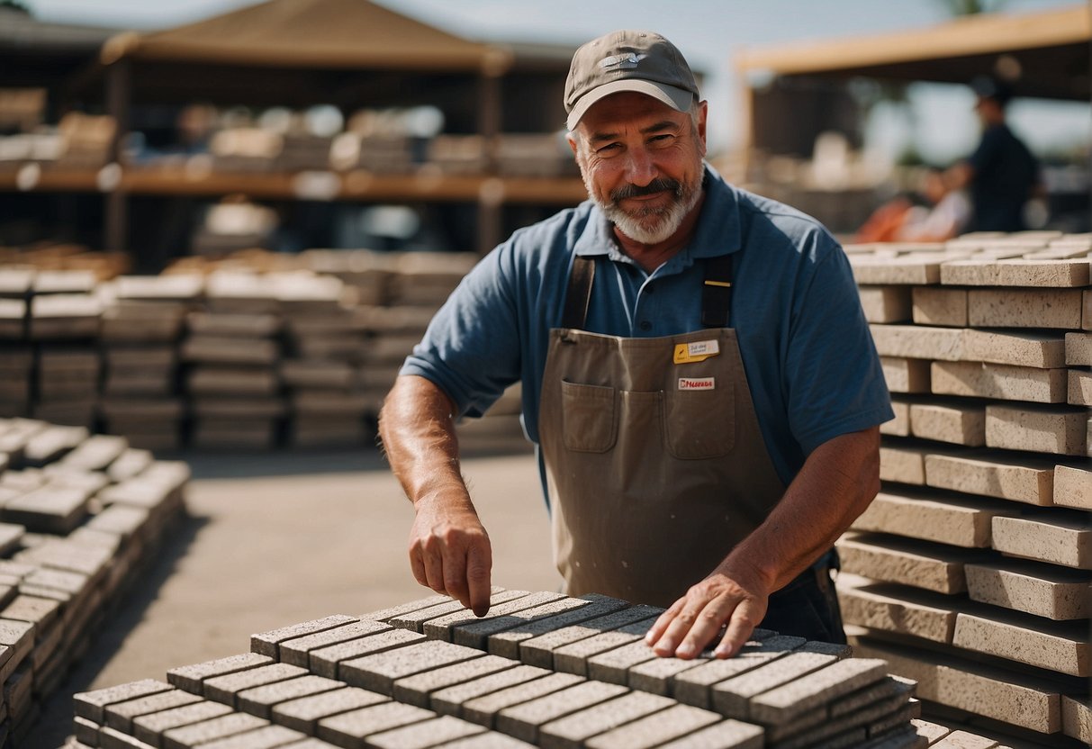 A person selecting paver materials from a variety of options at a home improvement store for a patio project