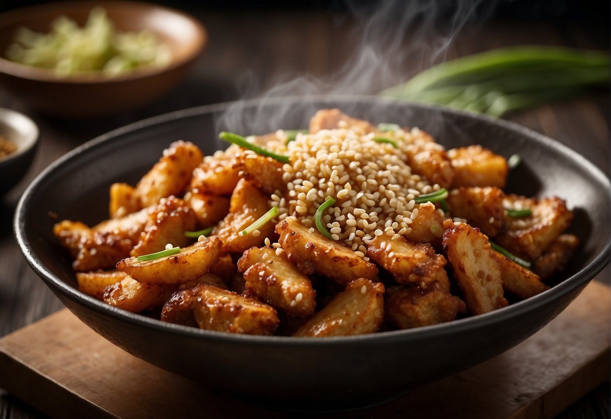 A sizzling wok fries crispy chicken pieces in a fragrant blend of Chinese spices, creating a mouthwatering aroma. The chef adds a final flourish of sesame seeds and scallions before serving