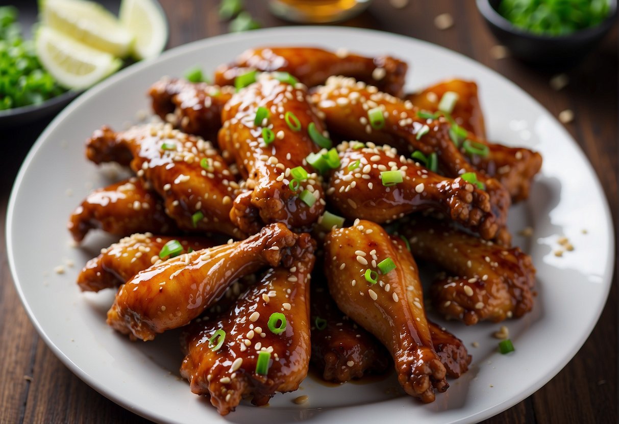 Chicken wings marinating in soy sauce, garlic, and ginger. Flour-coated wings sizzling in hot oil. Finished wings garnished with green onions and sesame seeds