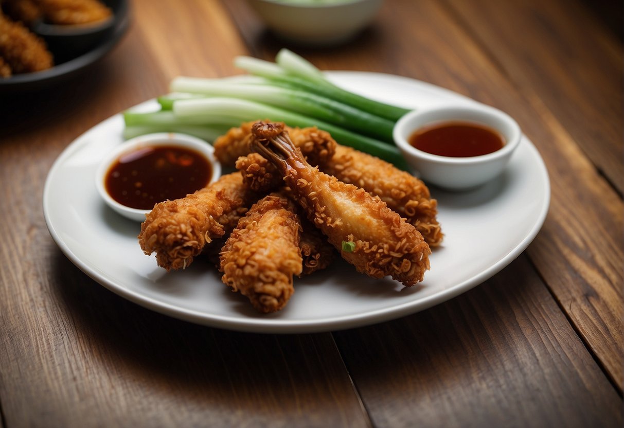 A plate of crispy Chinese fried chicken wings with a side of sliced green onions and a dipping sauce, placed on a wooden table