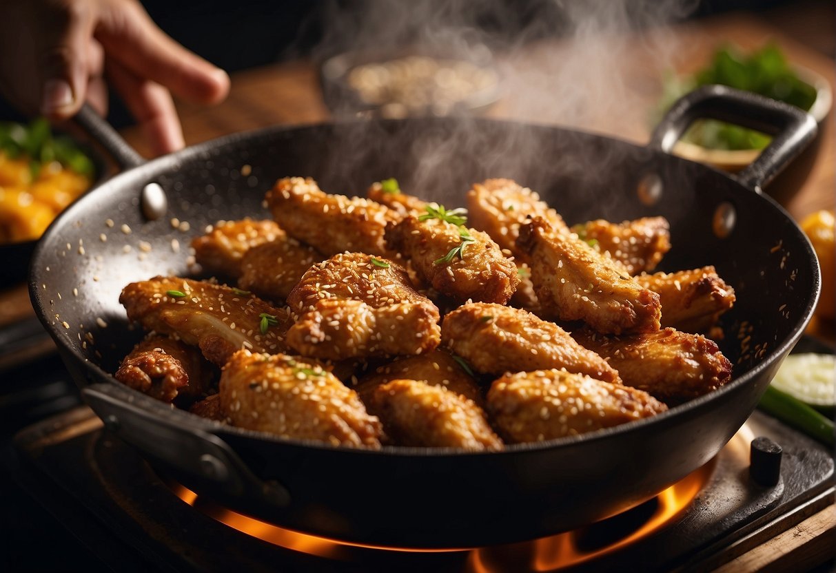 Golden crispy chicken wings sizzling in a wok, surrounded by aromatic spices and herbs. A chef's hand sprinkles sesame seeds over the wings