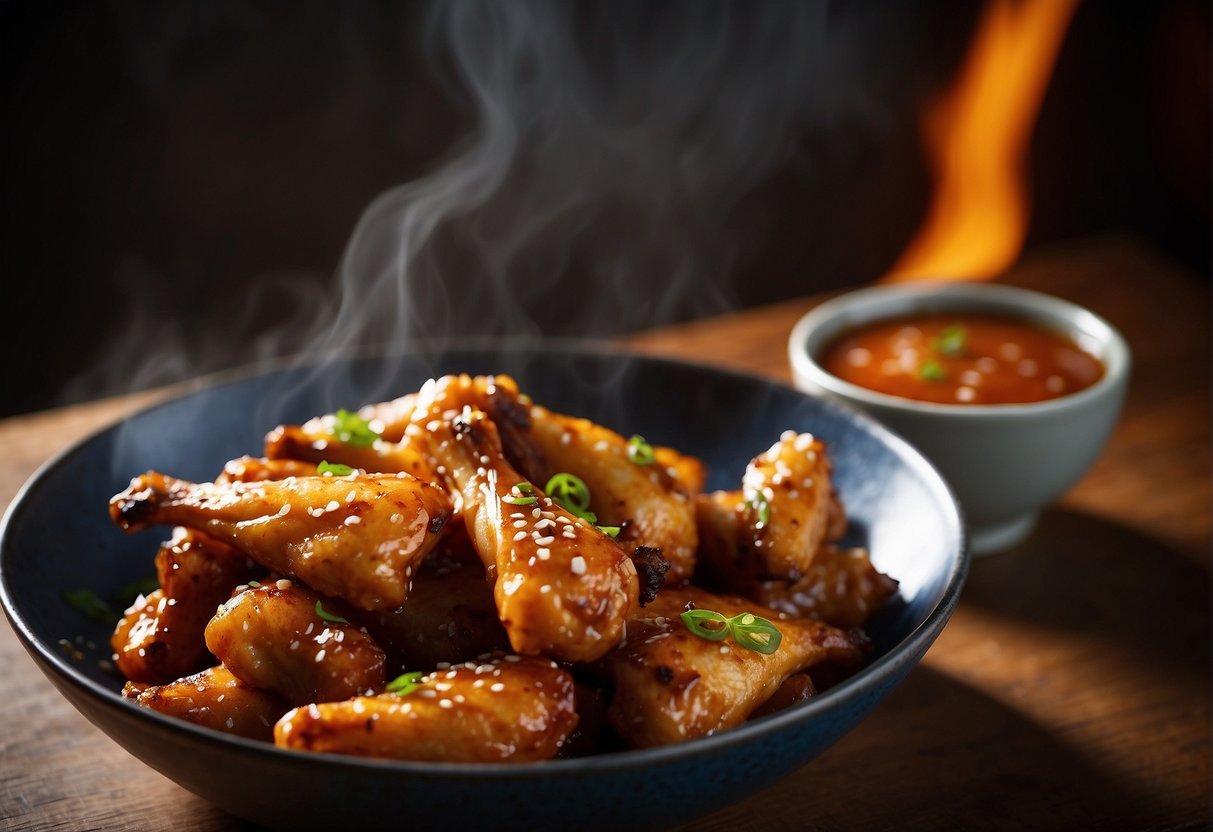 A sizzling wok fries marinated chicken wings, emitting a tantalizing aroma. A bowl of savory sauce sits nearby, ready for dipping