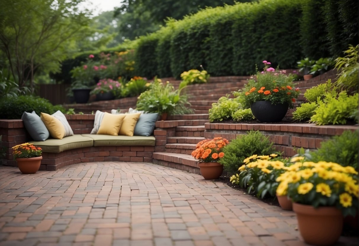 A brick paver patio with a cozy seating area, surrounded by lush greenery and colorful flowers. A winding path leads to the patio, with neatly arranged bricks creating a visually appealing pattern