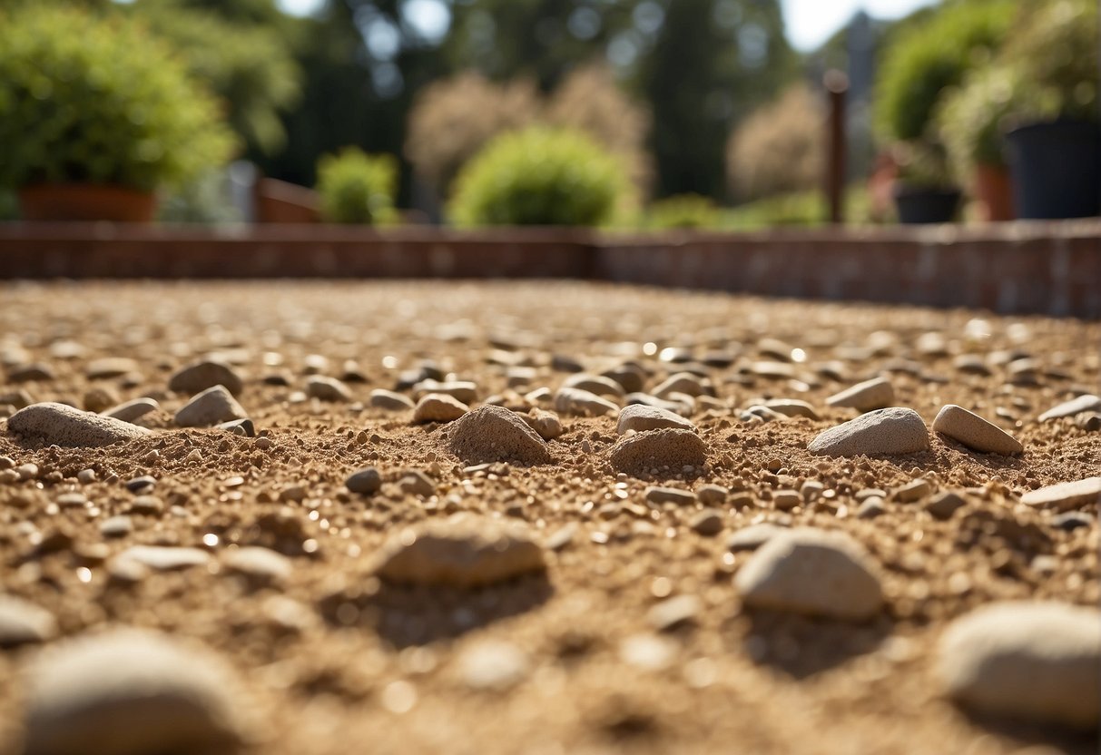 A level ground with sand and gravel, ready for brick paver installation, surrounded by outdoor greenery and landscaping