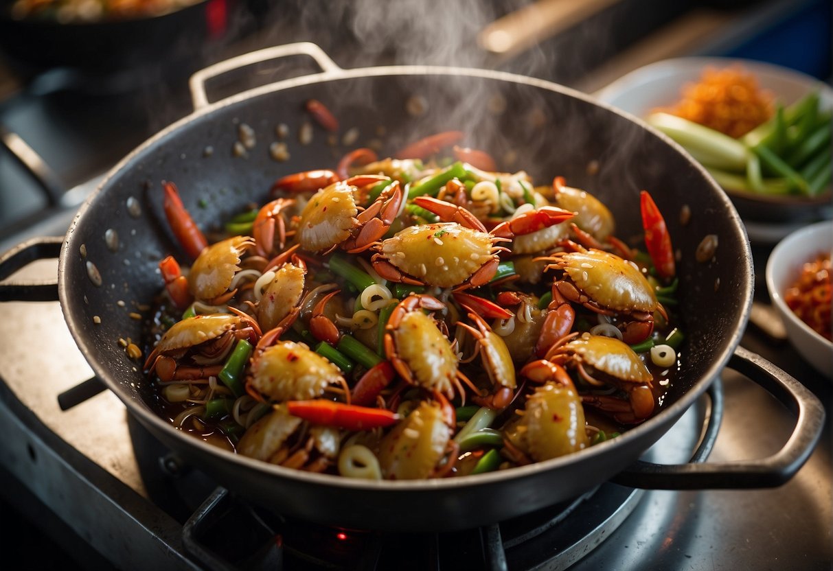 A wok sizzles with hot oil frying whole crabs in a flavorful Chinese sauce. Green onions and red chilies add color to the dish