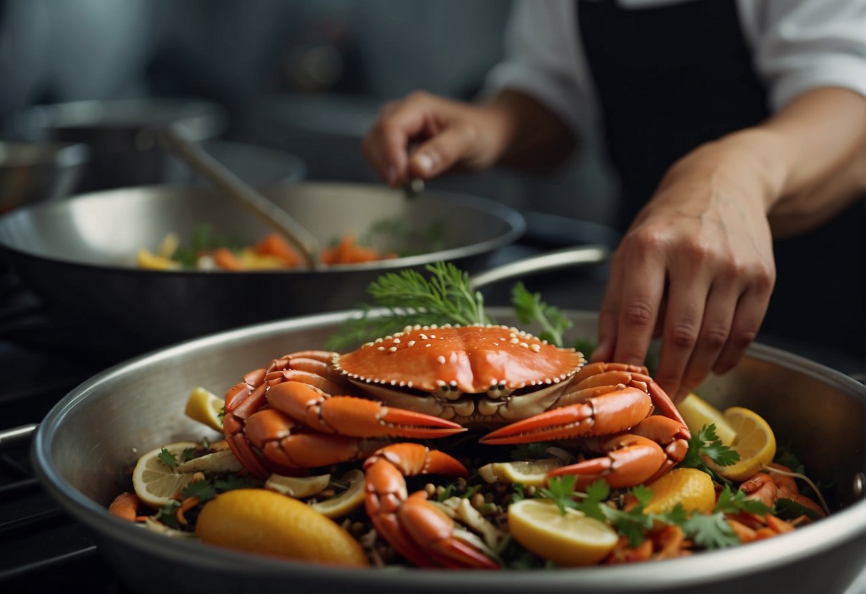 A chef selects a live crab from a tank, then prepares and fries it in a wok with various Chinese seasonings and ingredients