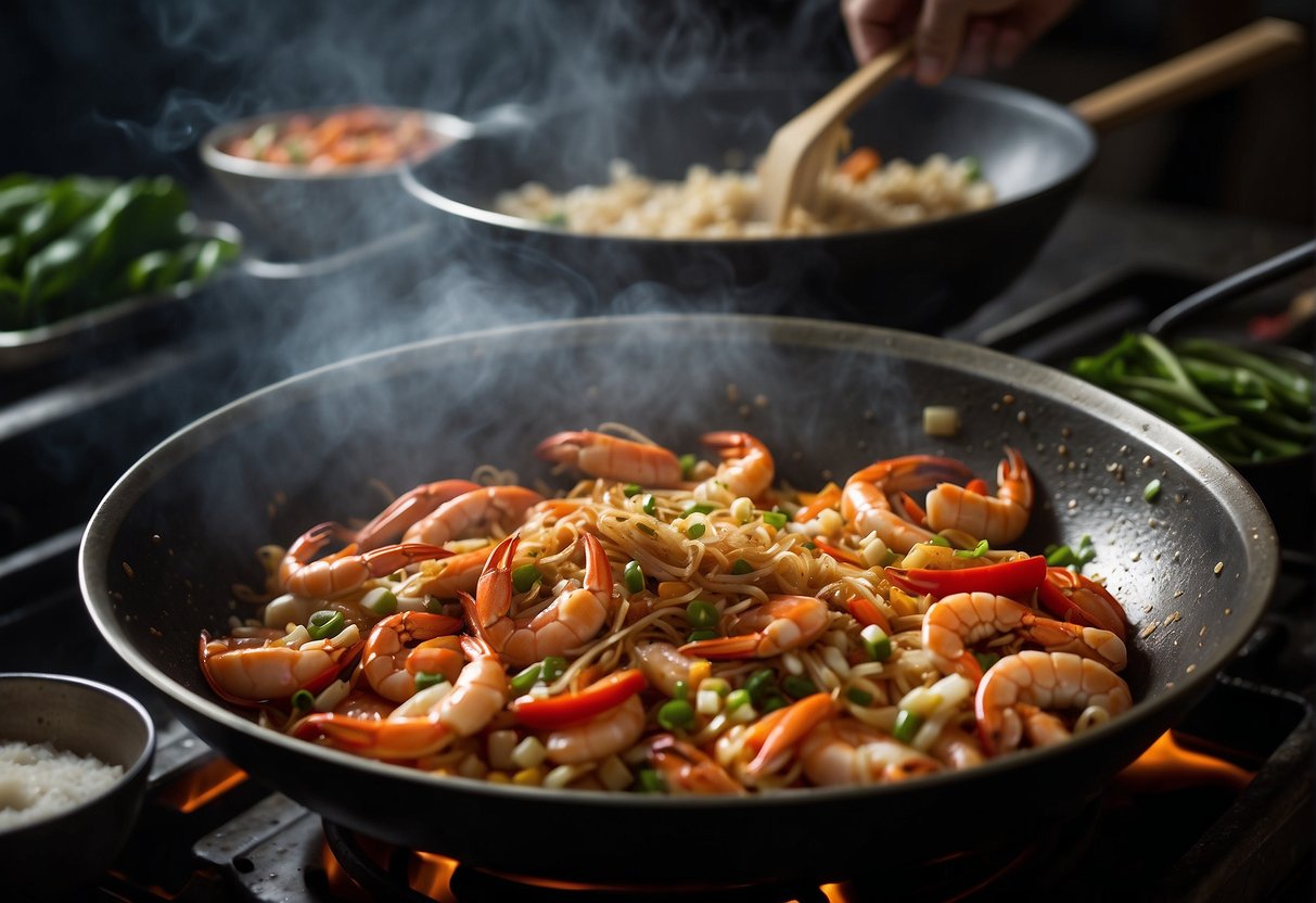 A wok sizzles with hot oil, while fresh crab is being chopped and marinated in a mix of soy sauce, ginger, and garlic. Ingredients like scallions, peppers, and spices are laid out nearby