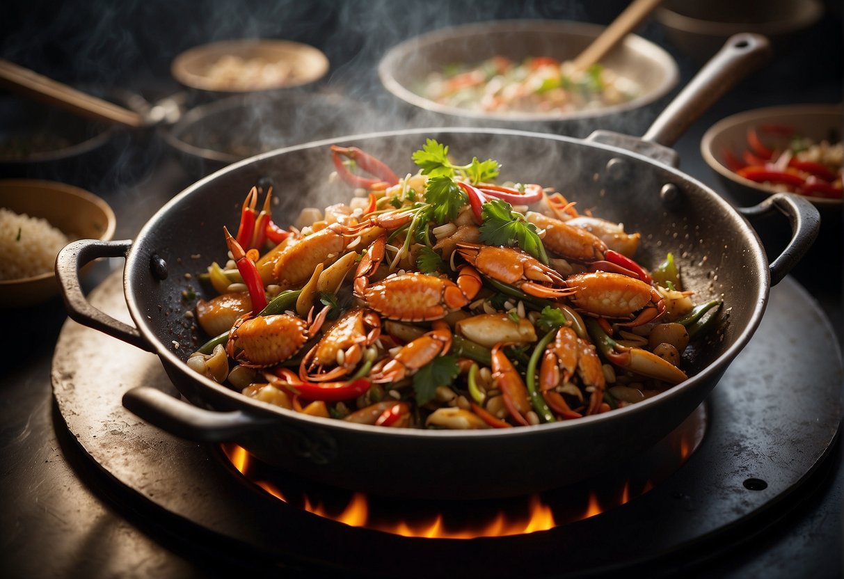 A wok sizzles with hot oil as a whole crab is tossed in. Ginger, garlic, and chilies are added, filling the air with a spicy aroma. Soy sauce and sugar are sprinkled in, creating a caramelized glaze