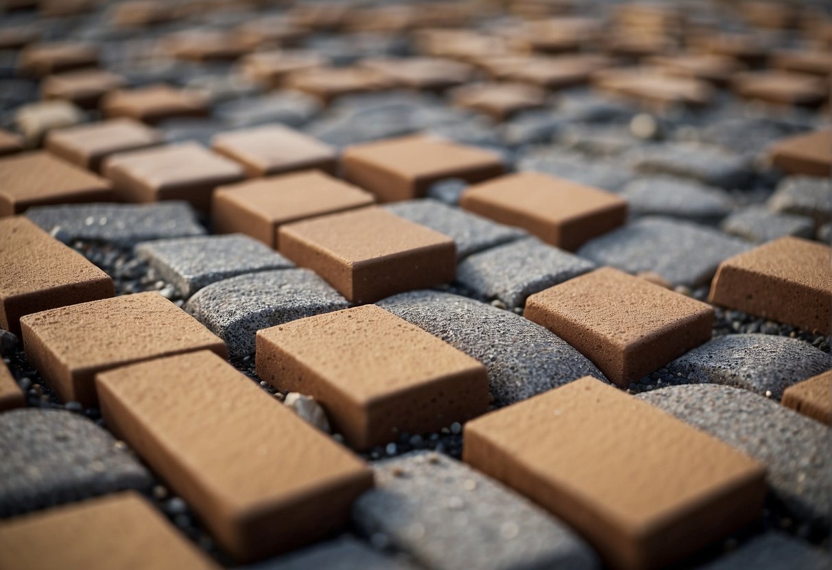 Brick pavers being laid in a geometric pattern, surrounded by sand and gravel. A level and rubber mallet are used for precise placement. Sand is swept into the gaps for a smooth finish