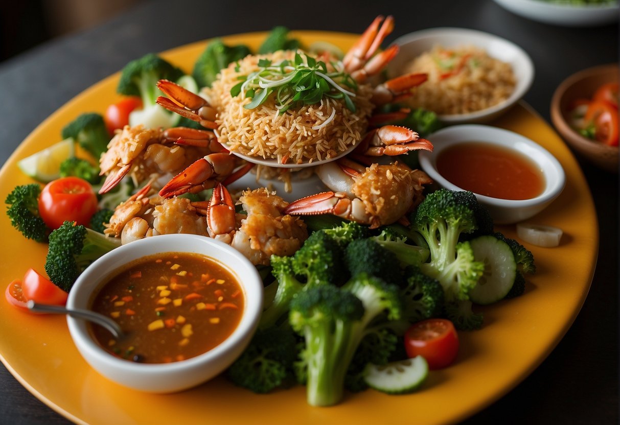 A platter of golden-fried crab surrounded by vibrant stir-fried vegetables, with a side of tangy soy dipping sauce
