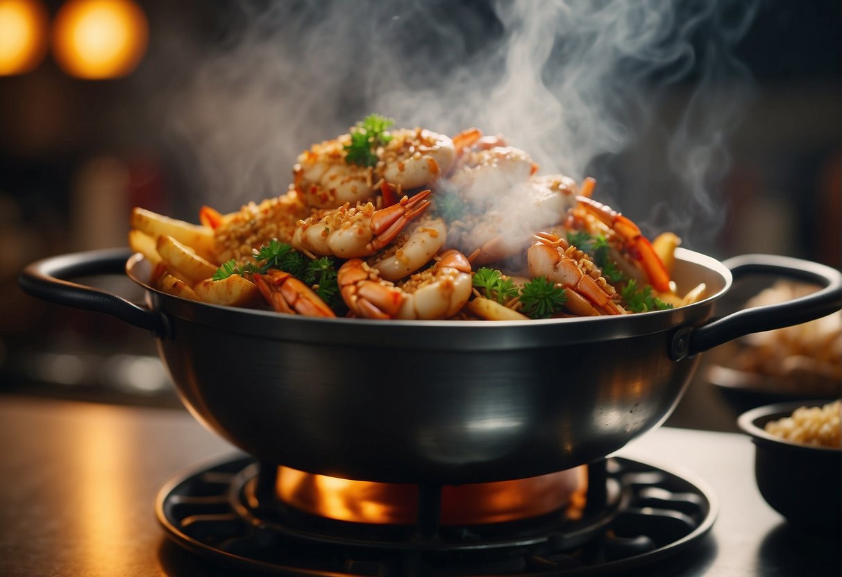 A sizzling wok fries up succulent crab pieces in a fragrant blend of Chinese spices and seasonings. Steam rises as the chef expertly tosses the crab, creating a mouthwatering aroma