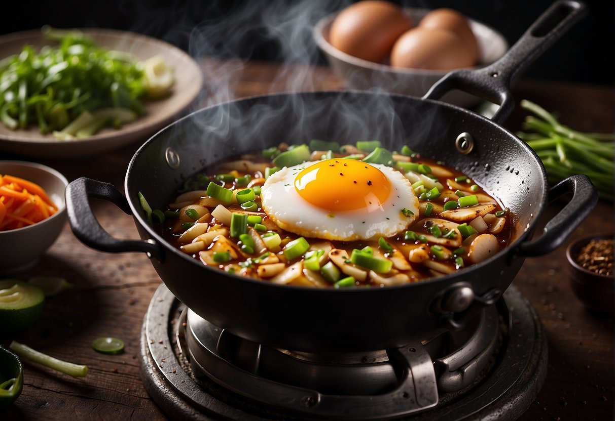 A sizzling wok with bubbling hot oil, as an egg is cracked open and dropped in, surrounded by chopped scallions and a dash of soy sauce